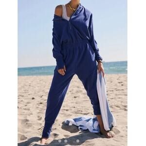 Free People FP Movement Training Day Jumpsuit Hooded One-Piece Blue Indigo Small